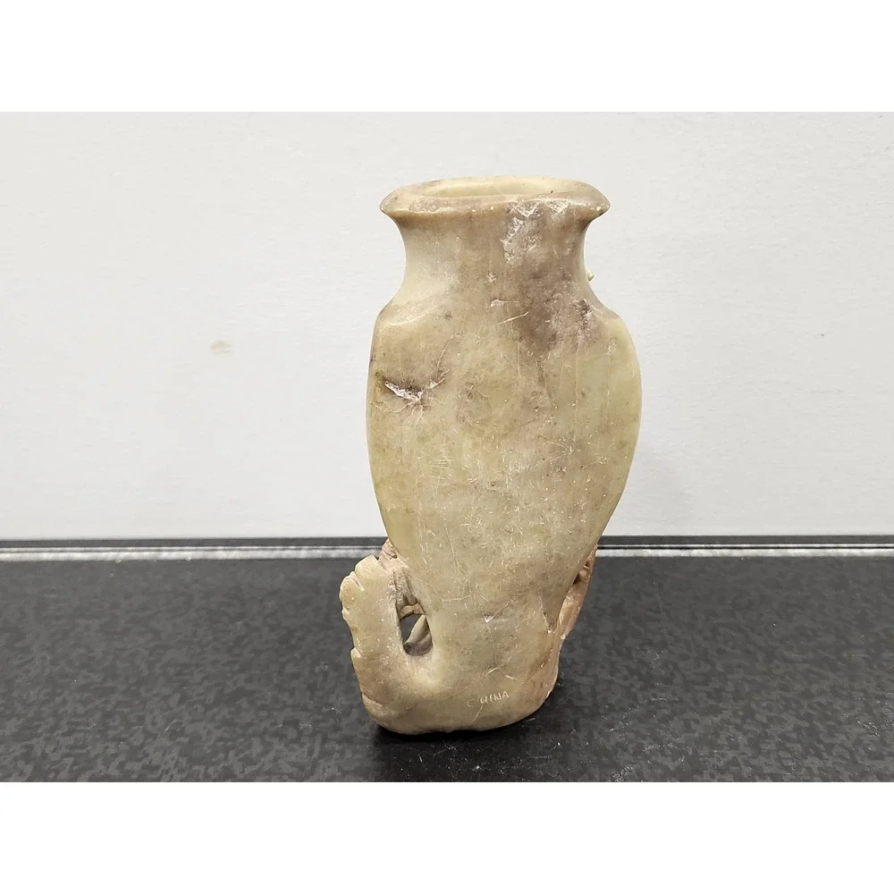 Vintage Chinese Soapstone Vase Carved Floral Bird Tan Rust Brown ~ READ